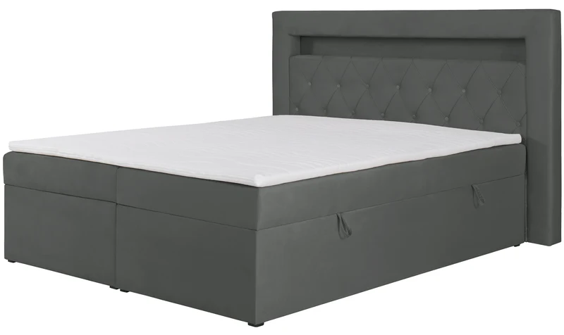 Kontinentales Bett 140x200 cm Goldess mit Stauraum und LED-Beleuchtung, dunkelgrauer Samt