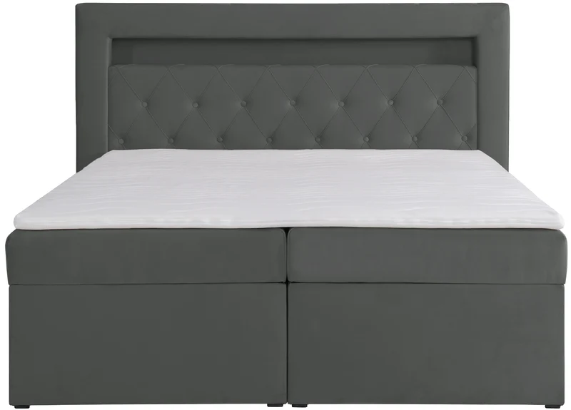 Kontinentales Bett 140x200 cm Goldess mit Stauraum und LED-Beleuchtung, dunkelgrauer Samt