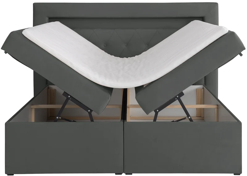 Kontinentales Bett 140x200 cm Goldess mit Stauraum und LED-Beleuchtung, dunkelgrauer Samt