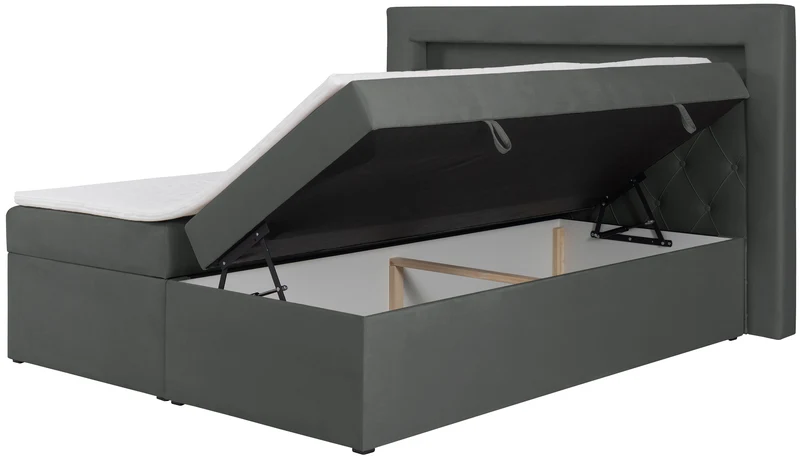 Kontinentales Bett 140x200 cm Goldess mit Stauraum und LED-Beleuchtung, dunkelgrauer Samt