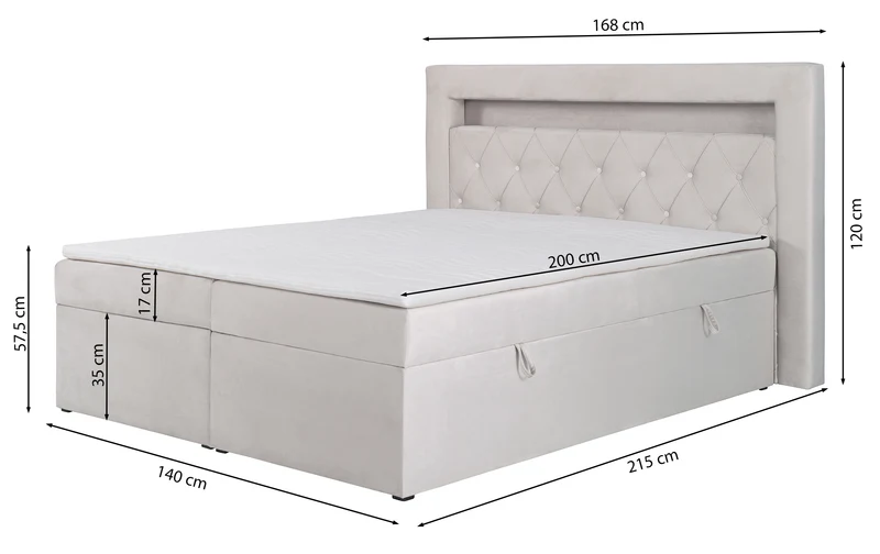 Kontinentales Bett 140x200 cm Goldess mit Stauraum und LED-Beleuchtung, dunkelgrauer Samt