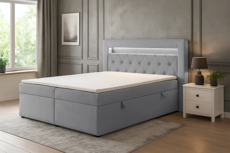 Kontinentalbett 140x200 cm Goldess mit Stauraum und LED-Beleuchtung, grauer Samt