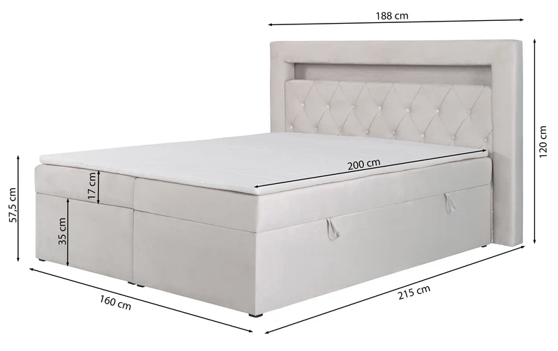 Kontinentalbett 160x200 cm Goldess mit Stauraum und LED-Beleuchtung, beige Samt