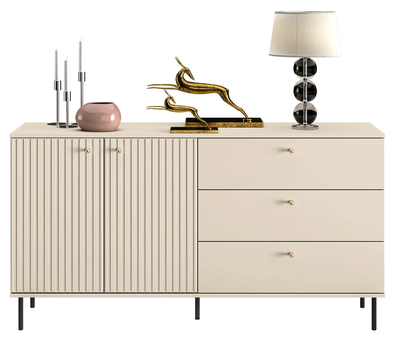 Zweiturige Kommode Caletto mit drei Schubladen, 160 cm, dekorative Lamellen, beige