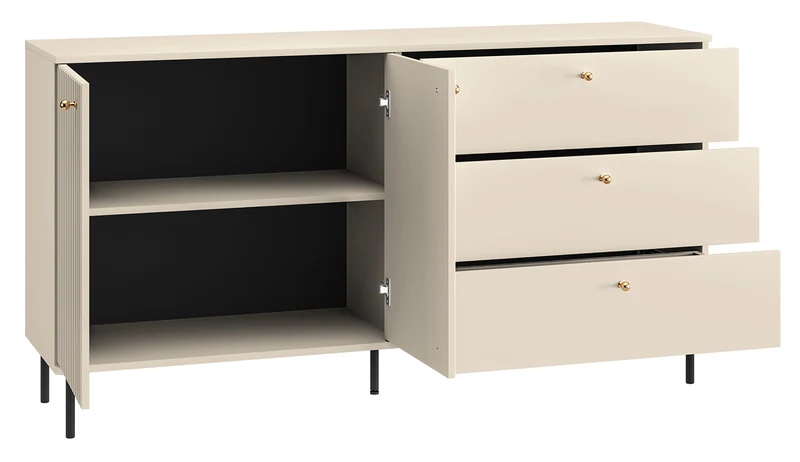 Zweiturige Kommode Caletto mit drei Schubladen, 160 cm, dekorative Lamellen, beige