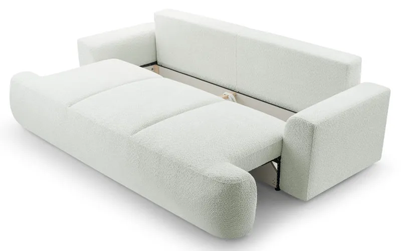 Dreisitziges ausklappbares Sofa Barletto mit Stauraum, cremefarbenes Bouclé