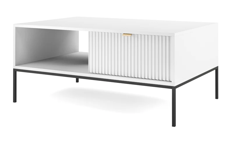 Couchtisch Vellore 104x68 cm weiß mit geriffelter Front und goldenem Griff