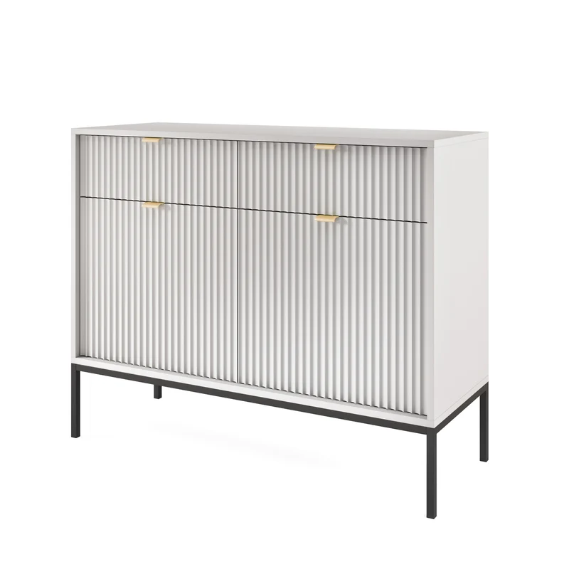 Zweiturige Kommode Vellore 104 cm grau mit geriffelten Fronten und goldenen Griffen