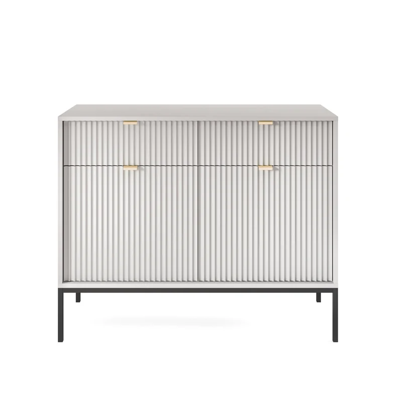 Zweiturige Kommode Vellore 104 cm grau mit geriffelten Fronten und goldenen Griffen