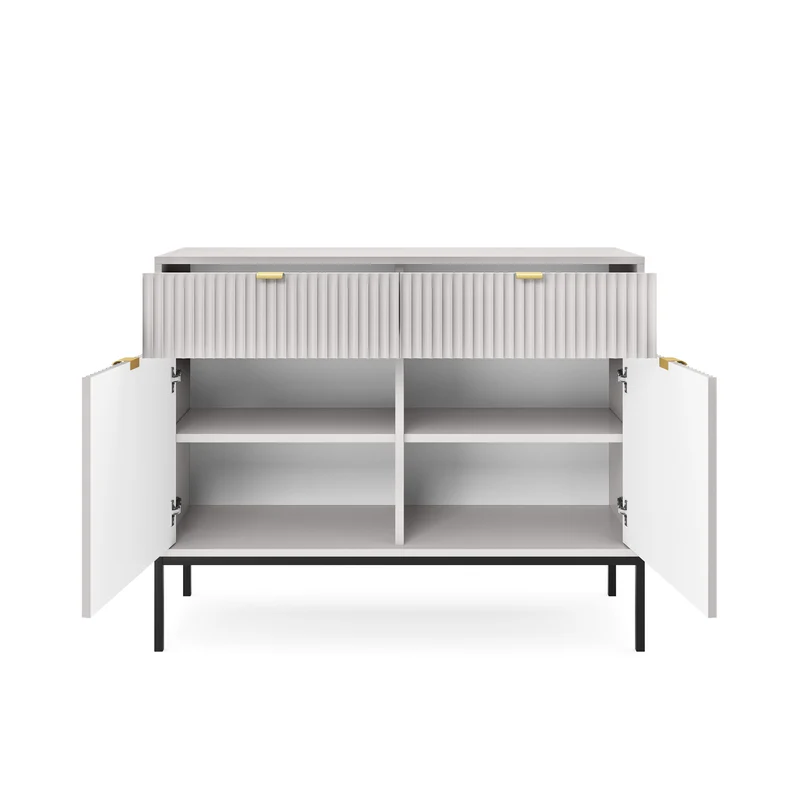 Zweiturige Kommode Vellore 104 cm grau mit geriffelten Fronten und goldenen Griffen
