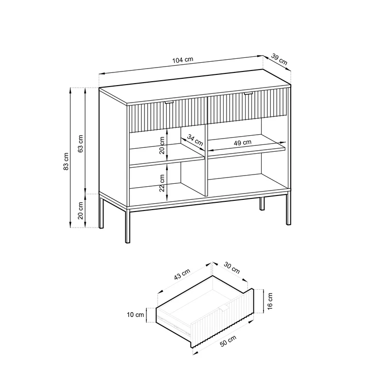 Zweiturige Kommode Vellore 104 cm grau mit geriffelten Fronten und goldenen Griffen