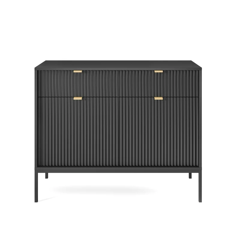 Zweiturige Kommode Vellore 104 cm schwarz mit gerillten Fronten und goldenen Griffen
