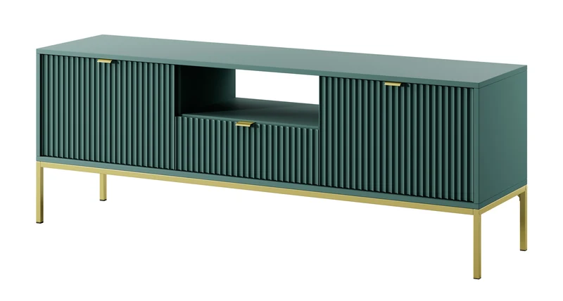 TV-Schrank Vellore 154 cm grün mit gerillten Fronten, goldenen Griffen und Gestell