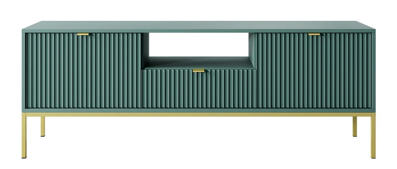 TV-Schrank Vellore 154 cm grün mit gerillten Fronten, goldenen Griffen und Gestell