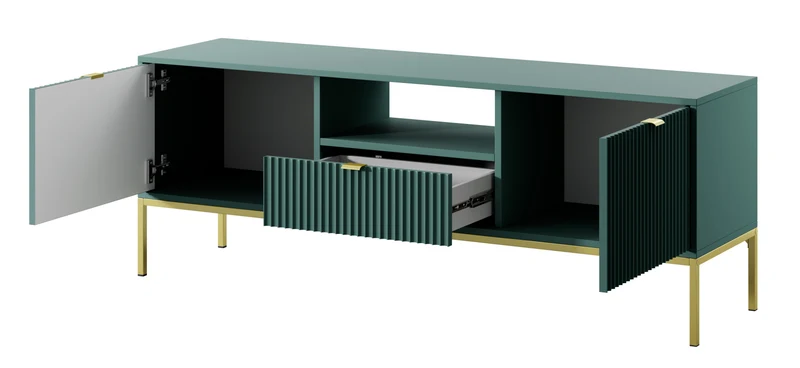 TV-Schrank Vellore 154 cm grün mit gerillten Fronten, goldenen Griffen und Gestell