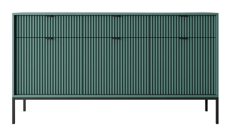Drehtür-Kommode Vellore 154 cm grün mit gerillten Fronten, schwarzen Griffen und Gestell