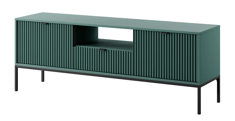 TV-Schrank Vellore 154 cm grün mit gerillten Fronten, schwarzen Griffen und Gestell