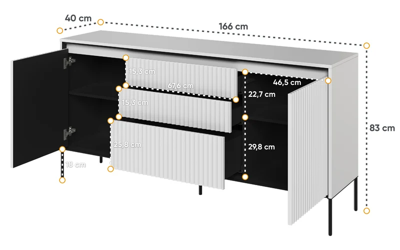 Zweiturige Kommode Trend 166 cm mit drei Schubladen und LED Weiß