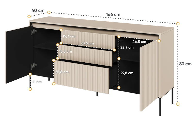 Trend 166 cm zweiteilige Kommode mit drei Schubladen und LED, Beige