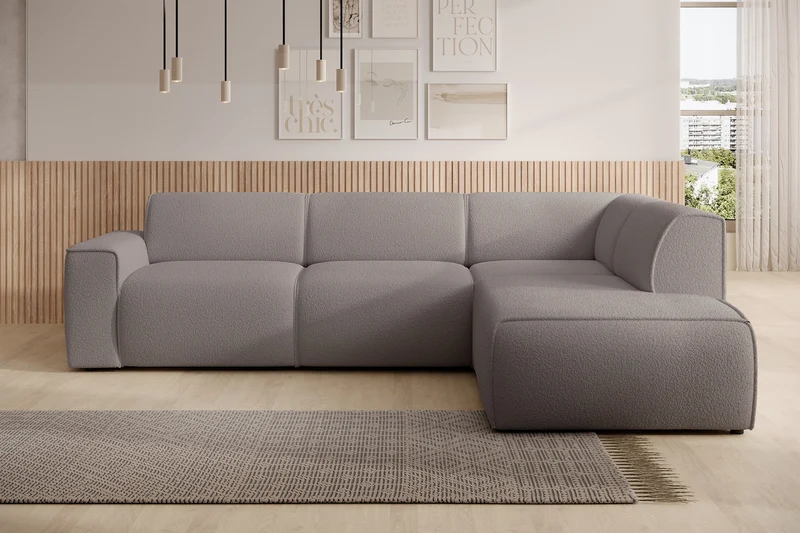 Ecksofa Bouvi L-förmig mit rechter Armlehne, grau-braunes Bouclé