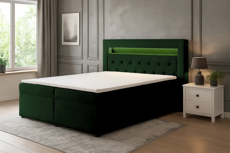 Kontinentales Bett 180x200 cm Goldess mit Stauraum und LED-Beleuchtung, samtiges Flaschengrün