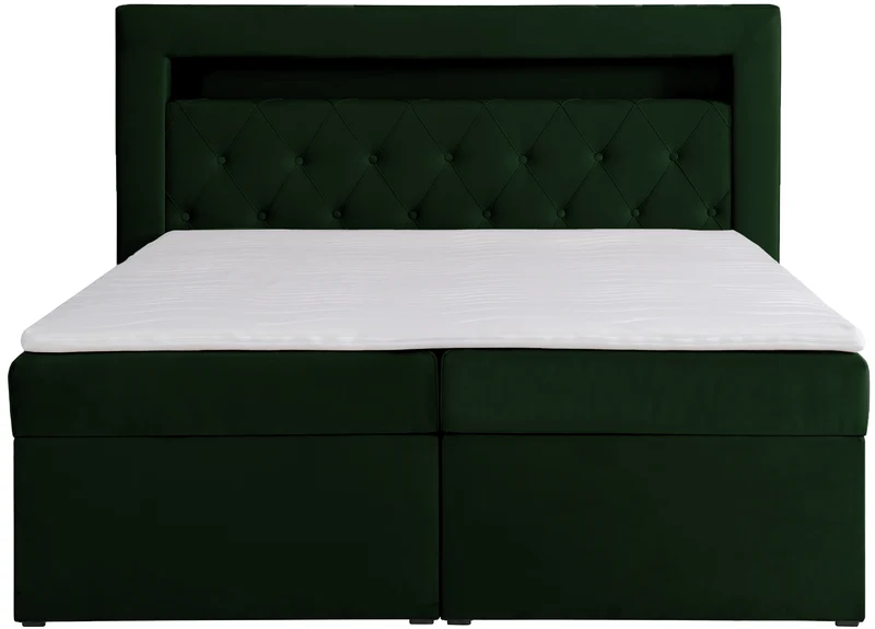 Kontinentales Bett 180x200 cm Goldess mit Stauraum und LED-Beleuchtung, samtiges Flaschengrün