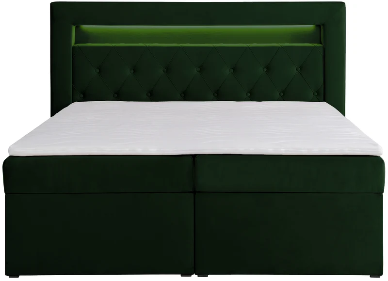 Kontinentales Bett 180x200 cm Goldess mit Stauraum und LED-Beleuchtung, samtiges Flaschengrün