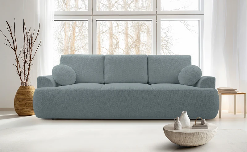 Dreisitziges, ausklappbares Sofa Barletto mit Stauraum, grauer Bouclé-Stoff