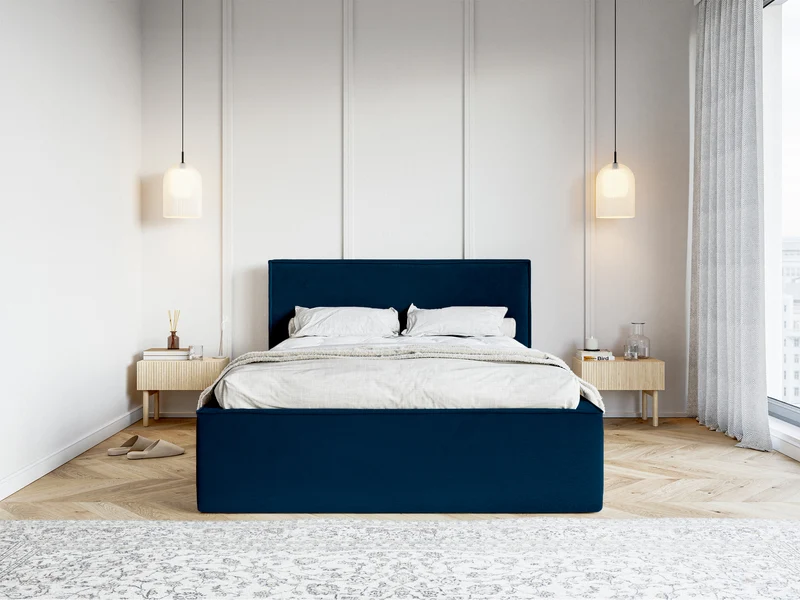 Polsterbett 160x200 cm Lucera mit Stauraum, marineblauer Veloursstoff, wasserabweisend