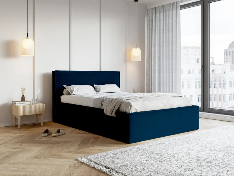 Polsterbett 160x200 cm Lucera mit Stauraum, marineblauer Veloursstoff, wasserabweisend