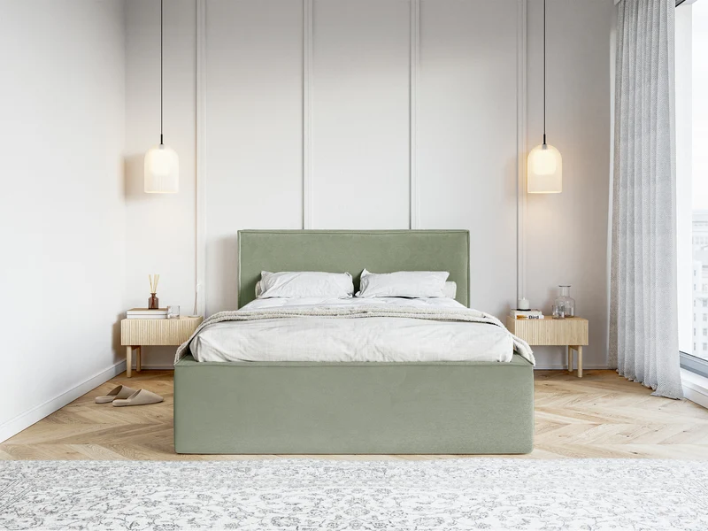 Polsterbett 140x200 cm Lucera mit Stauraum, eukalyptusfarbener Veloursstoff, wasserabweisend