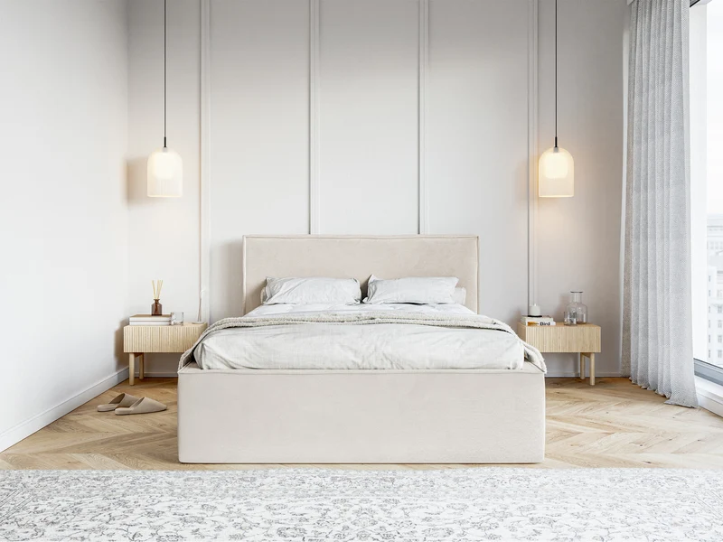 Gepolstertes Bett 160x200 cm Lucera mit Stauraum, grau-beiger hydrophober Samt