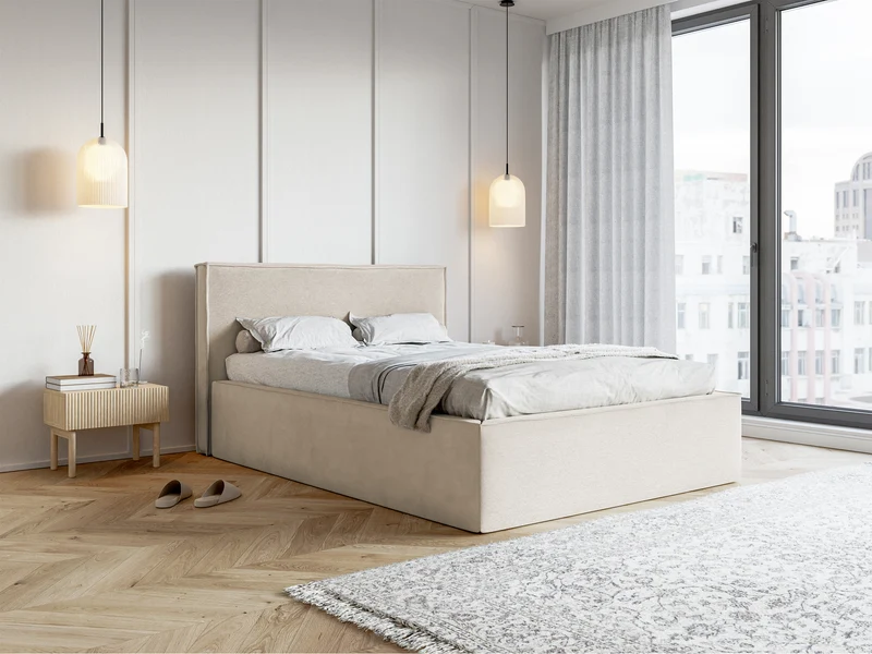Gepolstertes Bett 160x200 cm Lucera mit Stauraum, grau-beiger hydrophober Samt