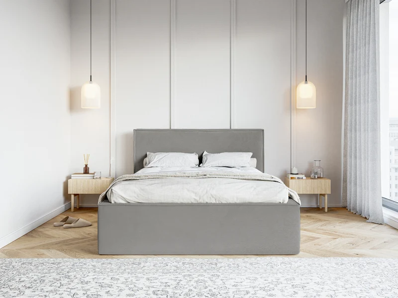 Gepolstertes Bett 160x200 cm Lucera mit Stauraum, grauer wasserabweisender Samtstoff