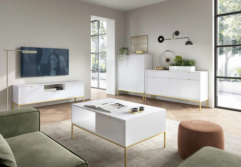 TV-Schrank Vellore 154 cm weiß mit gerillten Fronten und goldenem Gestell