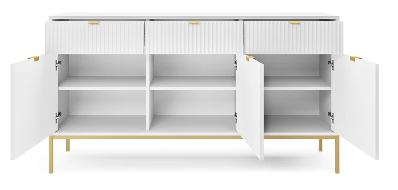 Drehtür-Kommode Vellore 154 cm weiß mit gerillten Fronten und goldenem Gestell