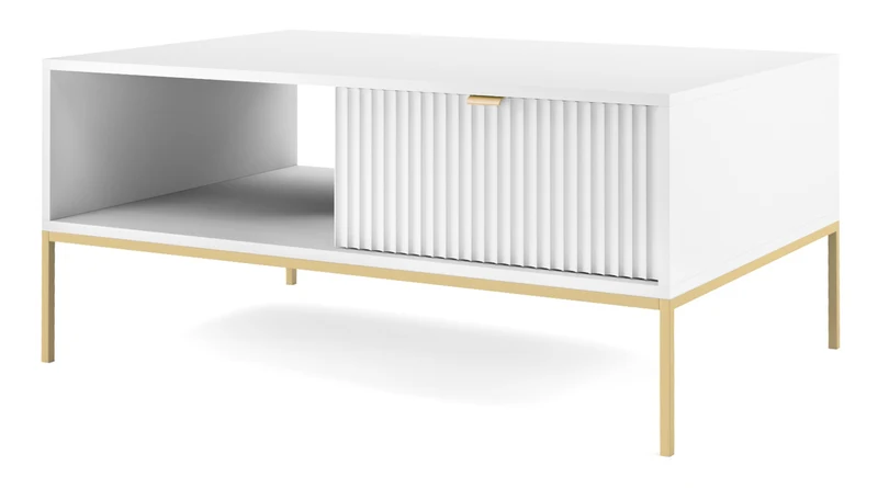 Kaffeetisch Vellore 104x68 cm weiß mit geriffelter Front und goldenem Gestell
