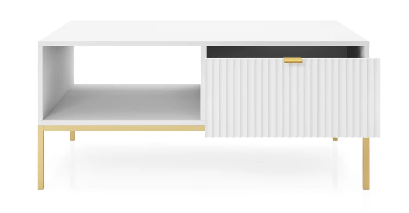 Kaffeetisch Vellore 104x68 cm weiß mit geriffelter Front und goldenem Gestell