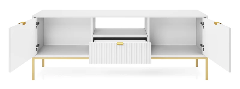 TV-Schrank Vellore 154 cm weiß mit gerillten Fronten und goldenem Gestell