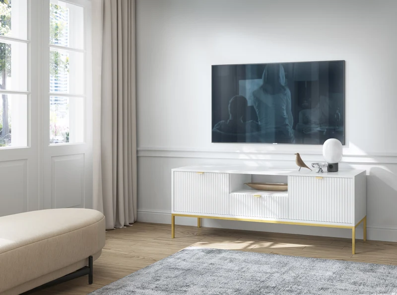 TV-Schrank Vellore 154 cm weiß mit gerillten Fronten und goldenem Gestell