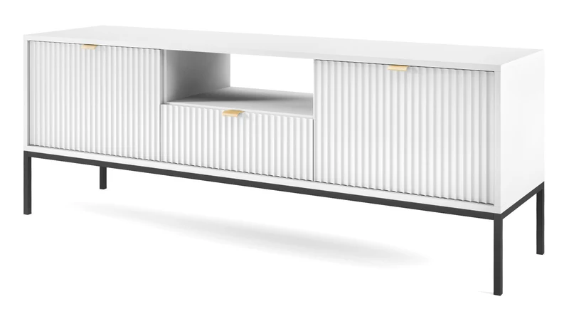 TV-Schrank Vellore 154 cm weiß mit geriffelten Fronten und goldenen Griffen