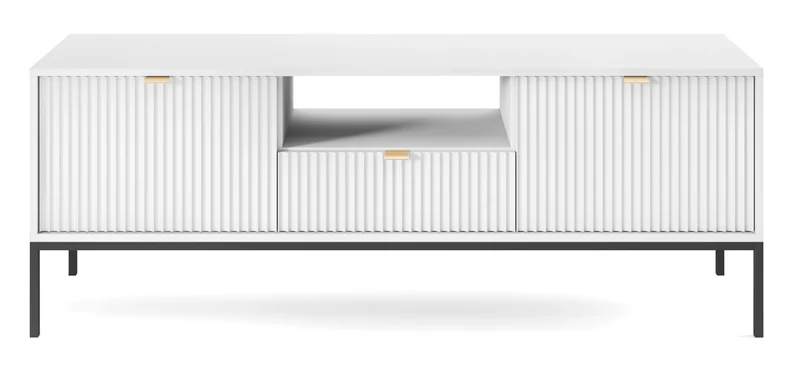 TV-Schrank Vellore 154 cm weiß mit geriffelten Fronten und goldenen Griffen