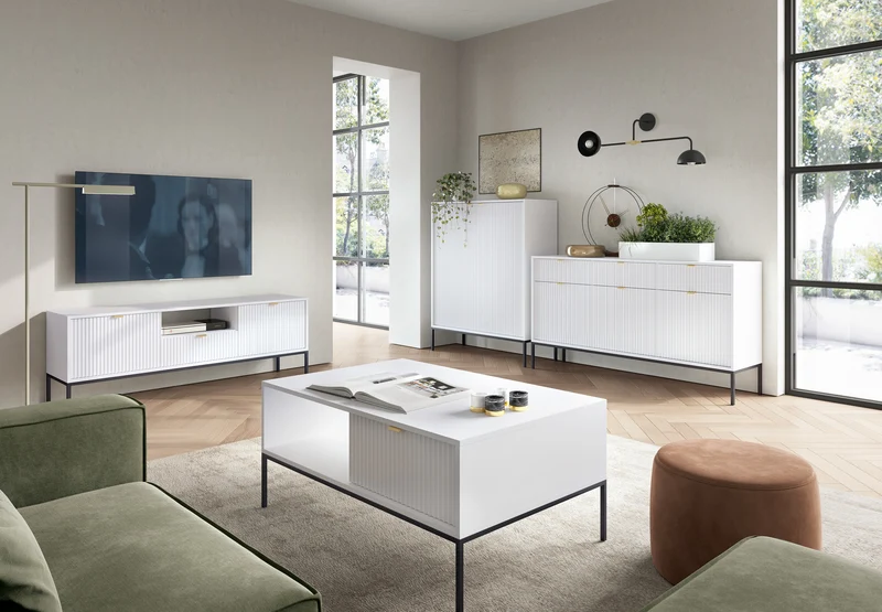 TV-Schrank Vellore 154 cm weiß mit geriffelten Fronten und goldenen Griffen