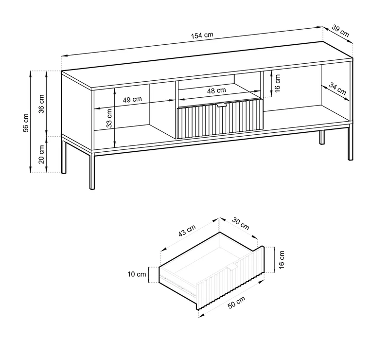 TV-Schrank Vellore 154 cm weiß mit geriffelten Fronten und goldenen Griffen