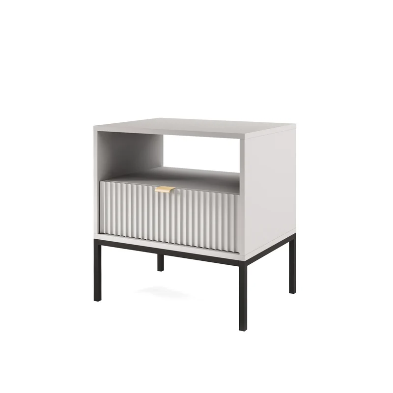 Nachttisch Vellore 54 cm grau mit geriffelter Front und goldenem Griff