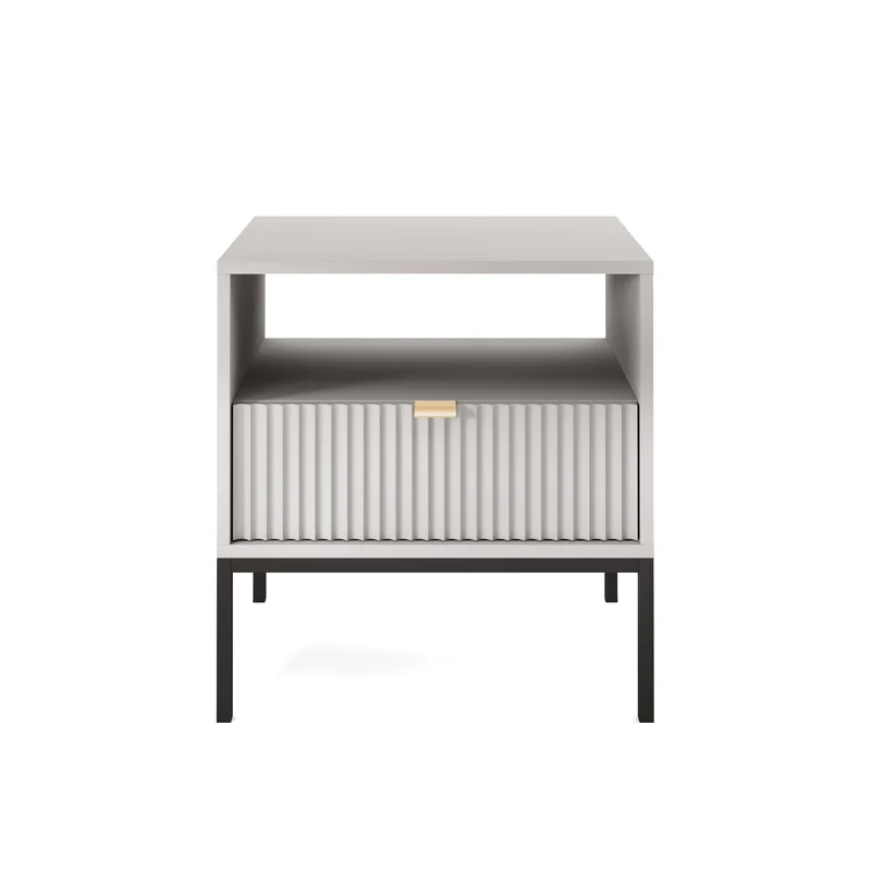 Nachttisch Vellore 54 cm grau mit geriffelter Front und goldenem Griff