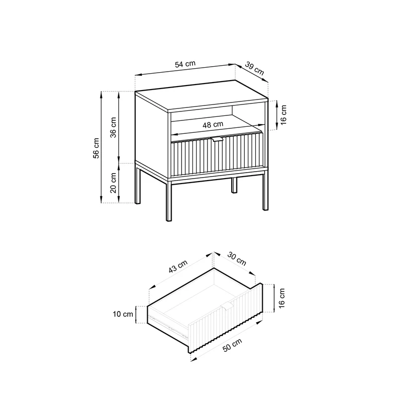 Nachttisch Vellore 54 cm grau mit geriffelter Front und goldenem Griff
