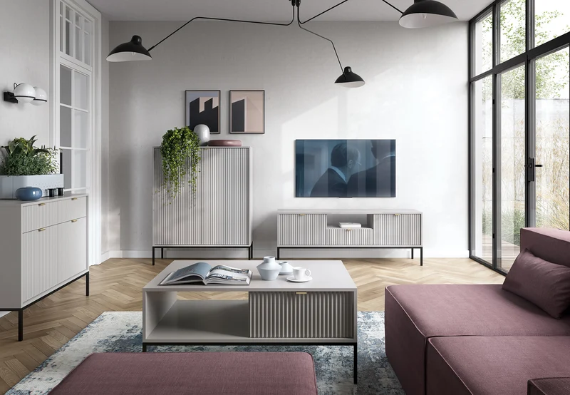 TV-Schrank Vellore 154 cm grau mit geriffelten Fronten und goldenen Griffen