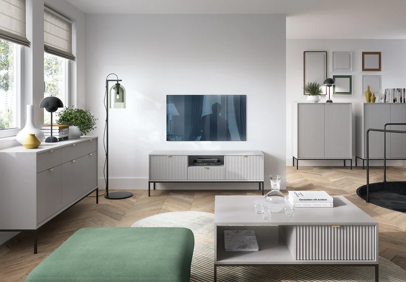 TV-Schrank Vellore 154 cm grau mit geriffelten Fronten und goldenen Griffen