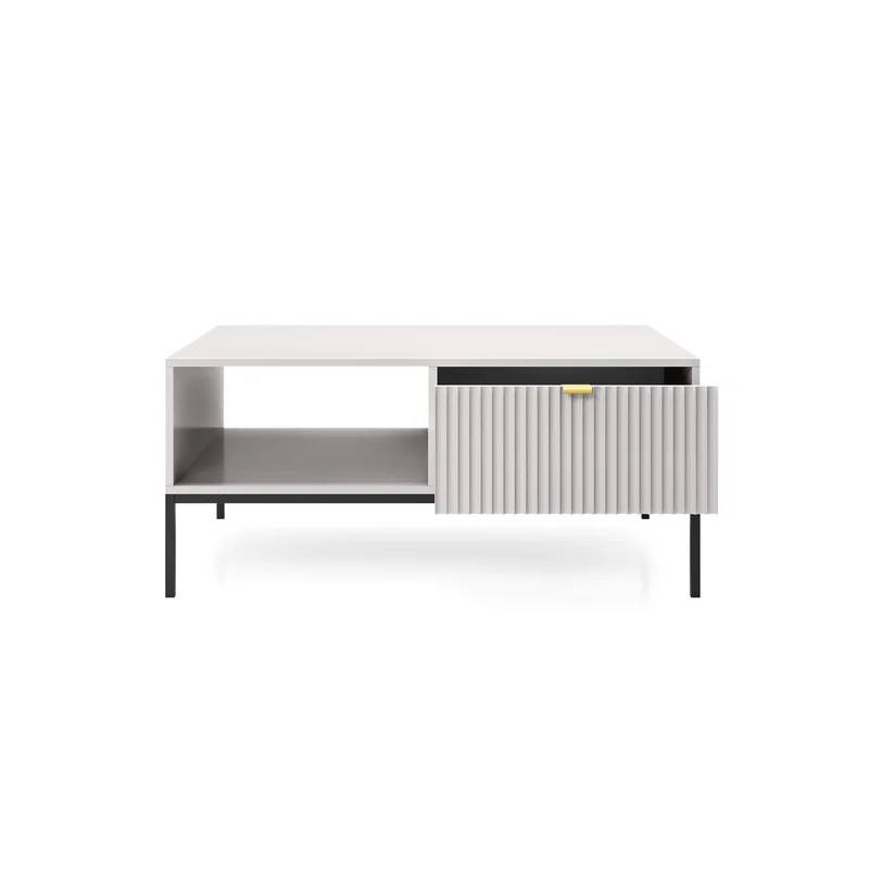 Couchtisch Vellore 104x68 cm grau mit geriffelter Front und goldenem Griff